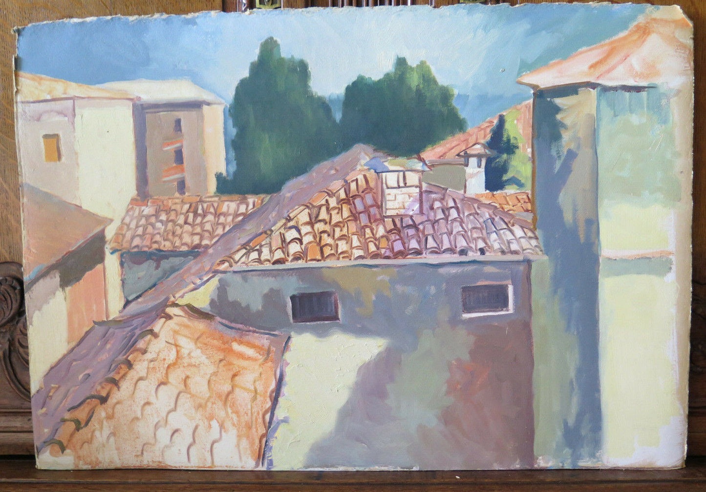 72x42 cm QUADRO AD OLIO VINTAGE VEDUTA CITTADINA PAESE PROVINCIA DI MODENA P21