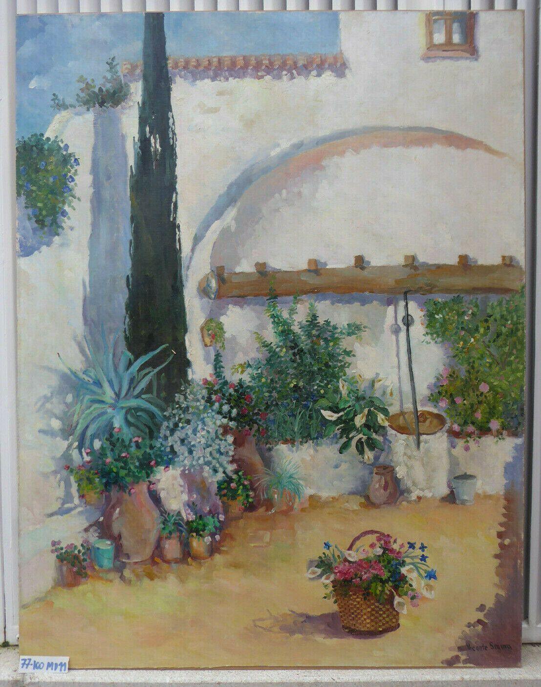 GRANDE QUADRO OLIO VEDUTA CORTILE VINTAGE PITTORE SPAGNOLO VICENTE SEGURA MD11 - Belbello Antiques