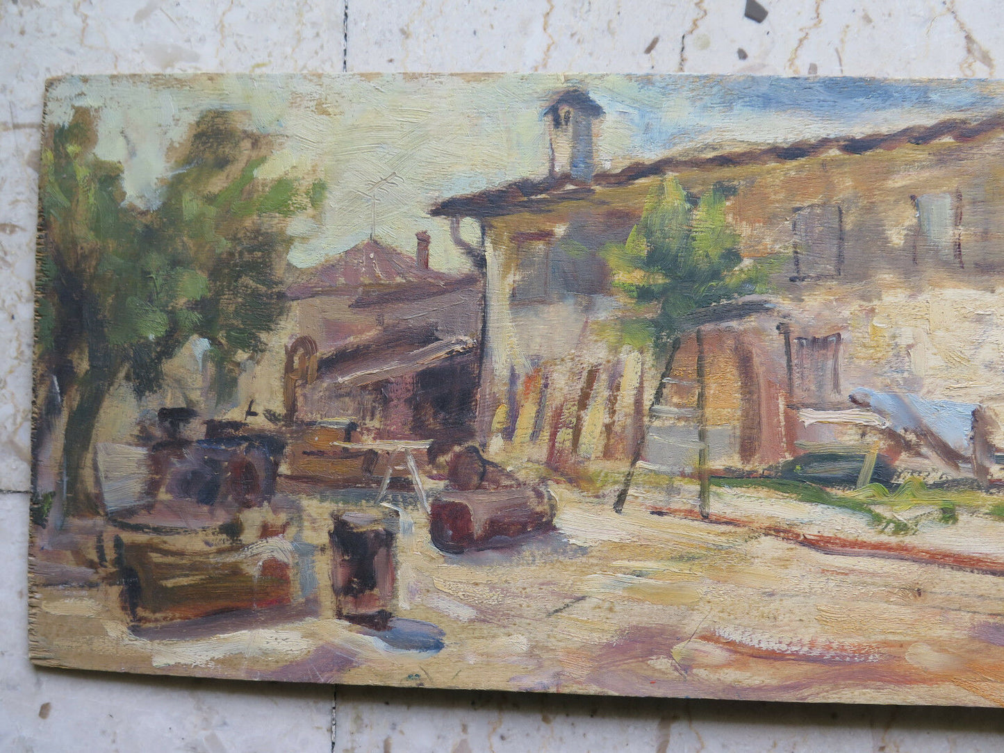 66x21 cm QUADRO AD OLIO SU TAVOLA VINTAGE PAESAGGIO VEDUTA CASA DI CAMPAGNA P21