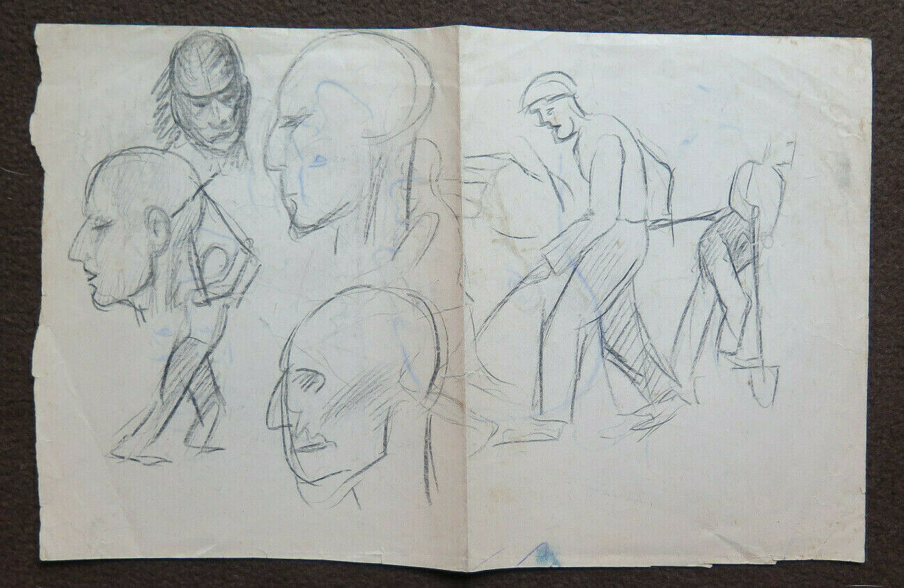 DISEGNO ANTICO MATITA SU CARTA STUDIO PER VOLTI UMANI E FIGURE BOZZETTO P28.5