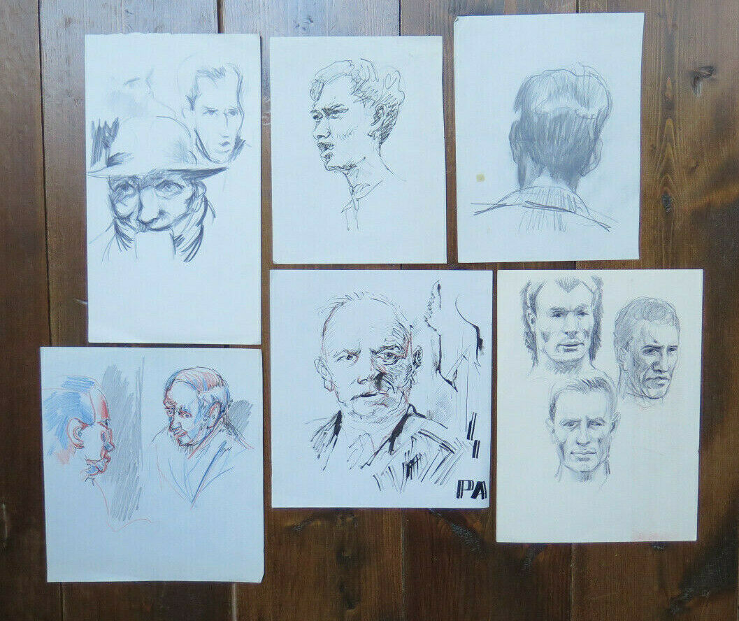 SIX ANTIQUE DRAWINGS WITH STUDY FOR HUMAN FACES PENCIL PEN PAPER 1950s P28.6