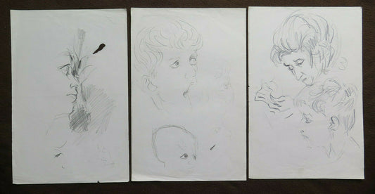 THREE DRAWINGS STUDY PORTRAITS OF HUMAN FACES ON PAPER SKETCH SKETCH ART P28.8