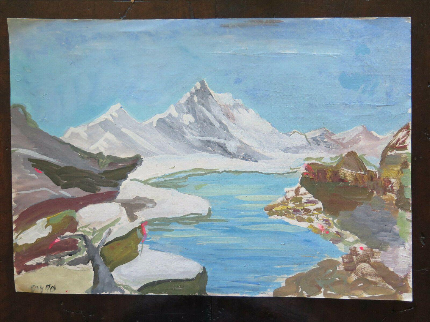 QUADRO DIPINTO FIRMATO PAESAGGIO VALLE D'AOSTA ACQUERELLO SU CARTA 1970  P14 - Belbello Antiques