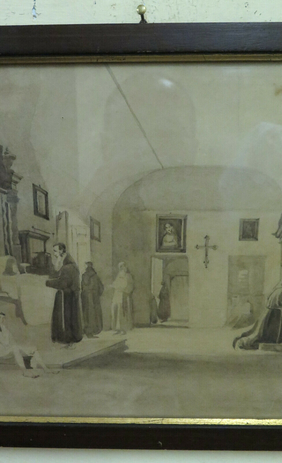 LA SACRESTIA QUADRO ANTICO DIPINTO ACQUERELLO FRATI CHIESA ITALIA '800 BM40