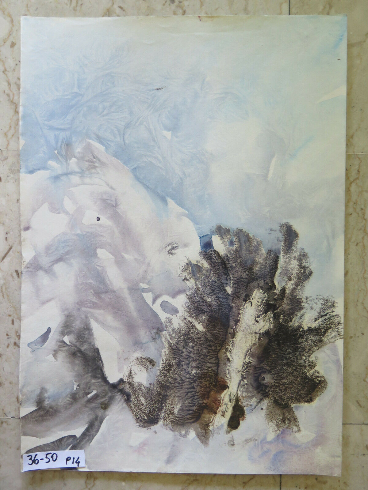 VECCHIO QUADRO PAESAGGIO INVERNALE ONIRICO DIPINTO ACQUERELLO CARTA 36x50 cm P14