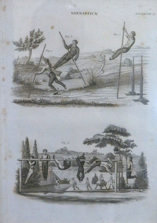 ANTIQUE PRINT ETCHING GYMNASTICS PUBLISHER GIUSEPPE POMBA TURIN 19th century BM41 