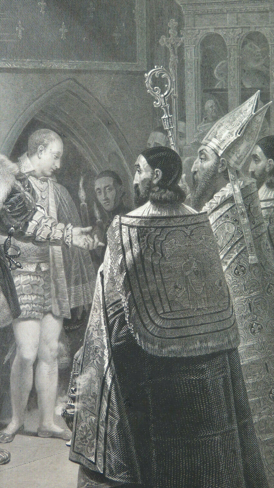 STAMPA ANTICA Francesco I e Carlo V visitano le tombe dei re a Saint DENIS X9