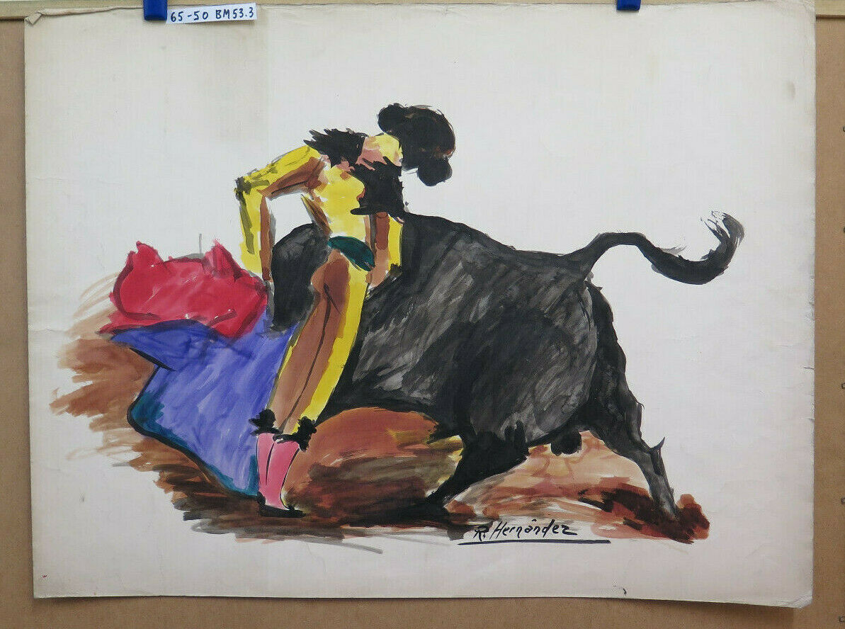 VINTAGE PAINTING WITH 4 LARGE SKETCHES SIGNED BY HERNANDEZ TORERO CORRIDA BM51 BM53.3