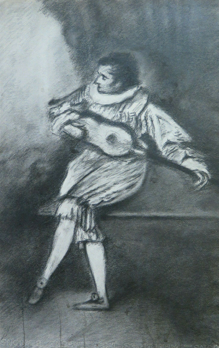 FIGURA DI MUSICO QUADRO ANTICO CARBONCINO PITTORE Pierre Duteurtre DUT BM53.1