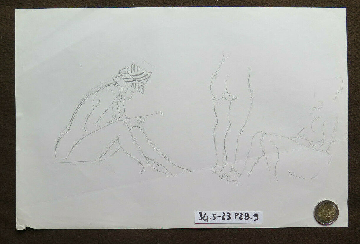 DISEGNO BOZZETTO DEL PITTORE MODENESE G. PANCALDI NUDO FEMMINILE BAGNANTI P28.9 - Belbello Antiques