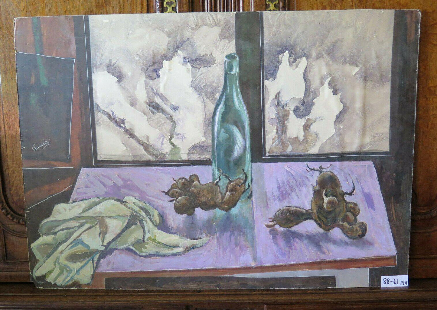 88x61 cm QUADRO AD OLIO VINTAGE INTERNO CON NATURA MORTA FIRMATO ANNI 60 P19 - Belbello Antiques