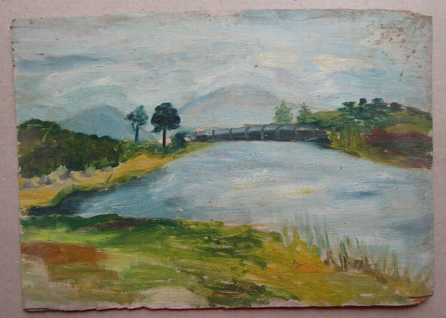 41x29cm VECCHIO QUADRO AD OLIO SU TAVOLA PAESAGGIO DI CAMPAGNA SPAGNA '900 MD10 - Belbello Antiques