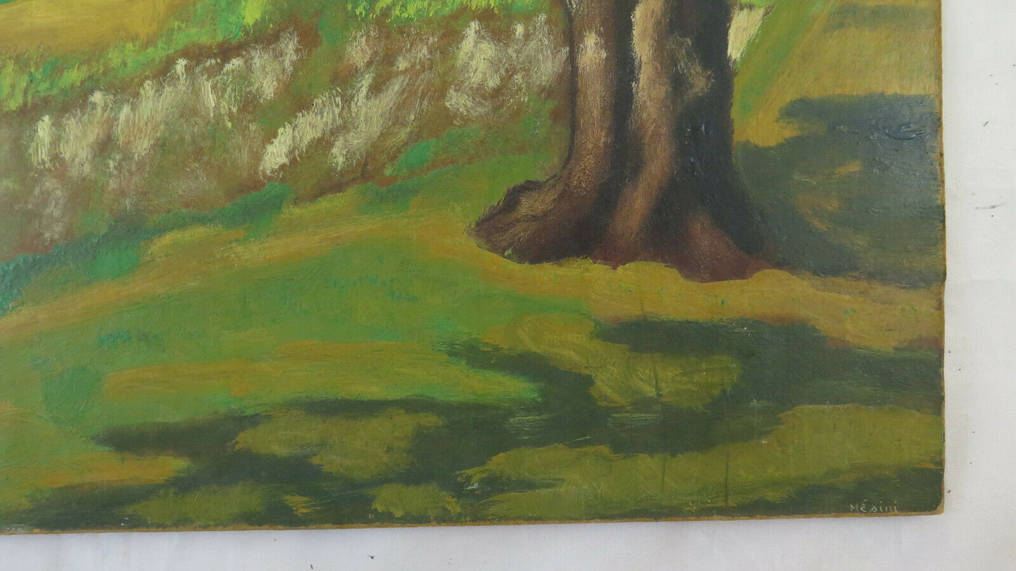 OLD OIL PAINTING ON TABLE COUNTRY LANDSCAPE IN SPRING SIGNED BM40 