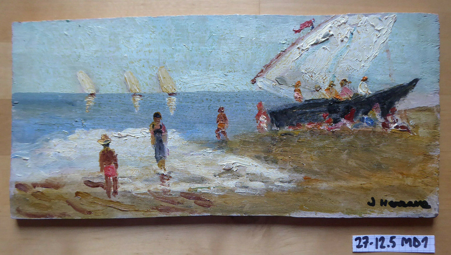 OLD SMALL OIL PAINTING SIGNED MARINA SEA LANDSCAPE MD1 