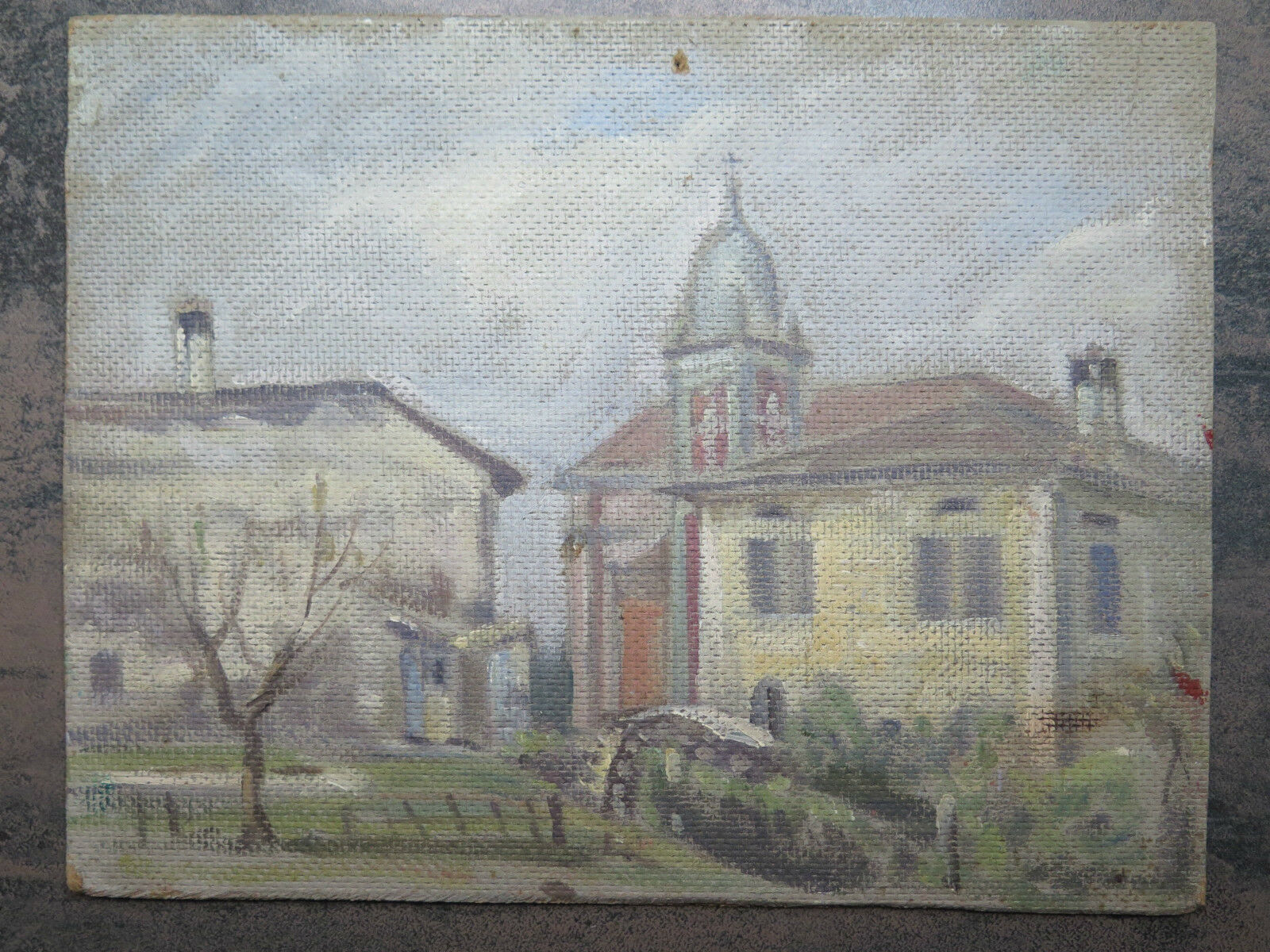 PICCOLO DIPINTO AD OLIO SU TAVOLA QUADRO PAESAGGIO BORGO ANTICO MODERNO 1960 p1 - Belbello Antiques