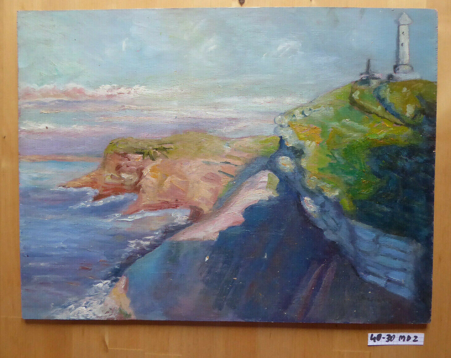 VINTAGE OIL PAINTING ON TABLE LANDSCAPE MARINA SEA SPAIN SIGNED MD2 