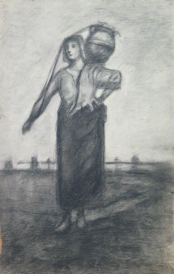 WOMAN WITH JUG ON HER SHOULDERS ANTIQUE DRAWING BY Pierre Duteurtre DUT BM53.1 