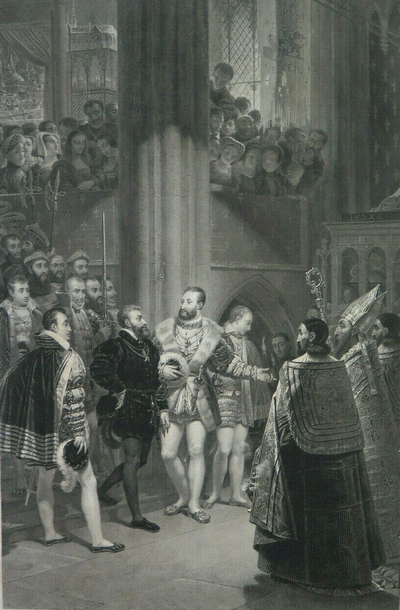 STAMPA ANTICA Francesco I e Carlo V visitano le tombe dei re a Saint DENIS X9