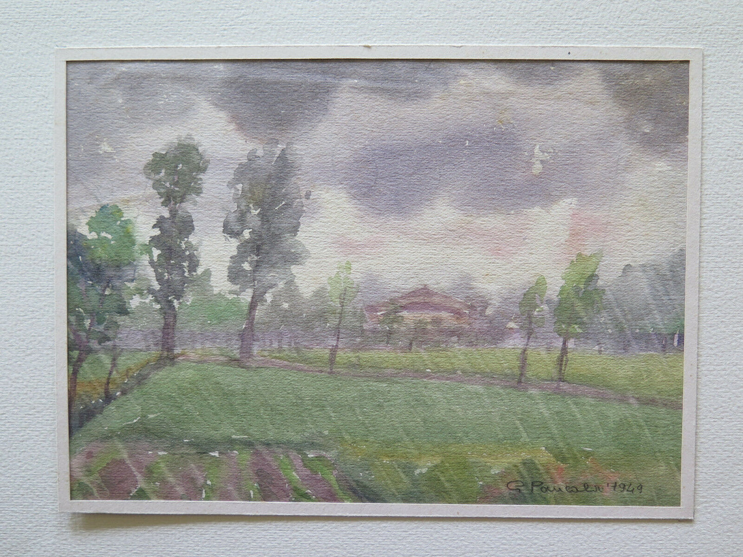 OLD WATERCOLOR PAINTING SIGNED AND DATED 1949 FIELD LANDSCAPE 19x14 cm P14