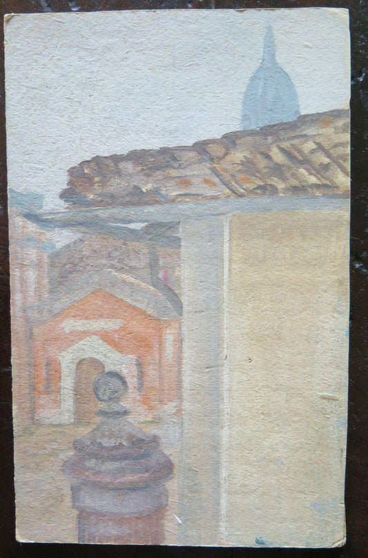 QUADRO ANTICO DIPINTO AD ACQUERELLO SU TAVOLA PAESAGGIO VEDUTA CITTADINA p16 - Belbello Antiques