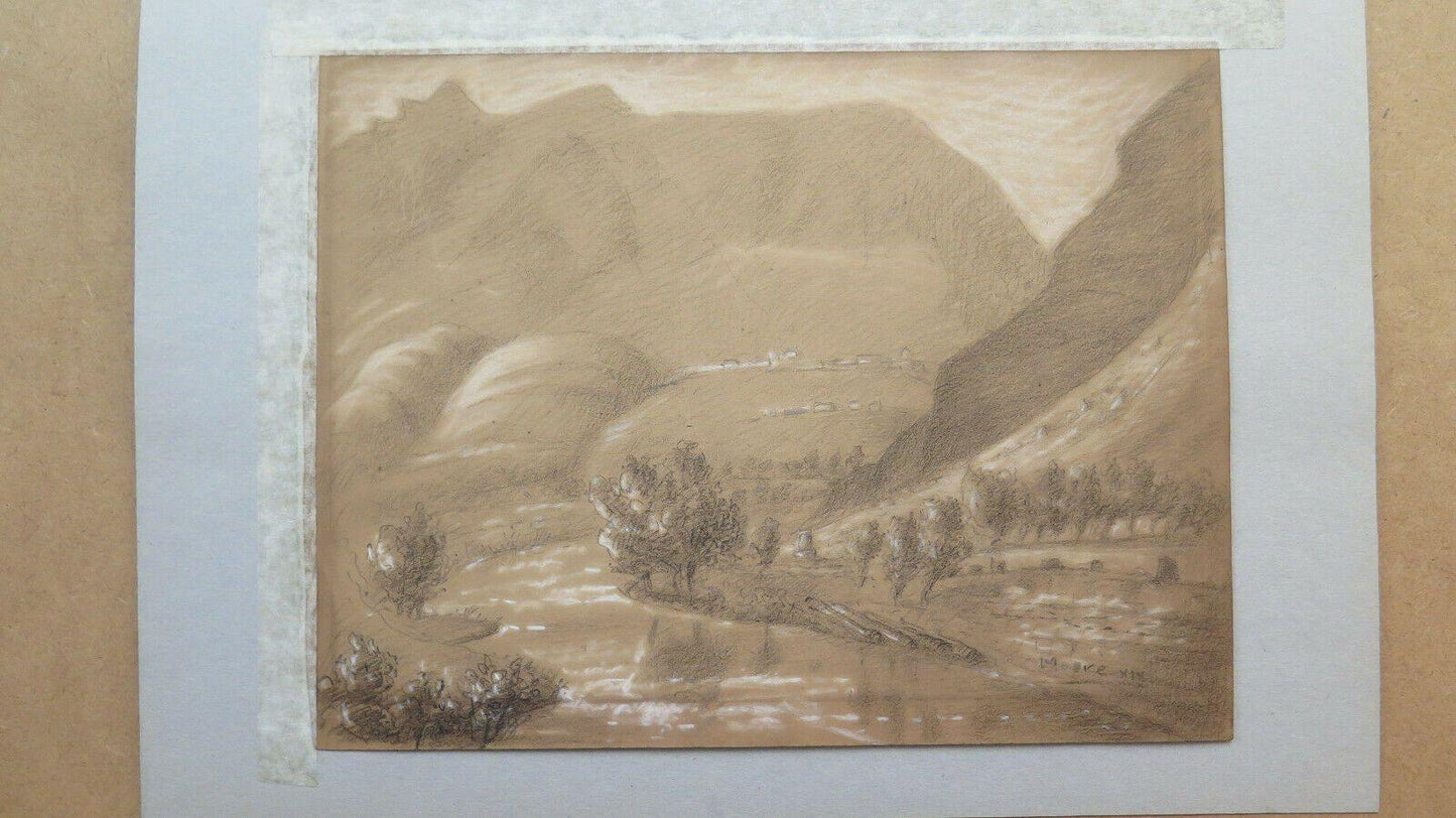 DISEGNO ANTICO MATITA SU CARTA PAESAGGIO MONTAGNE FIRMATO FRANCIA '800 BM53.2 - Belbello Antiques