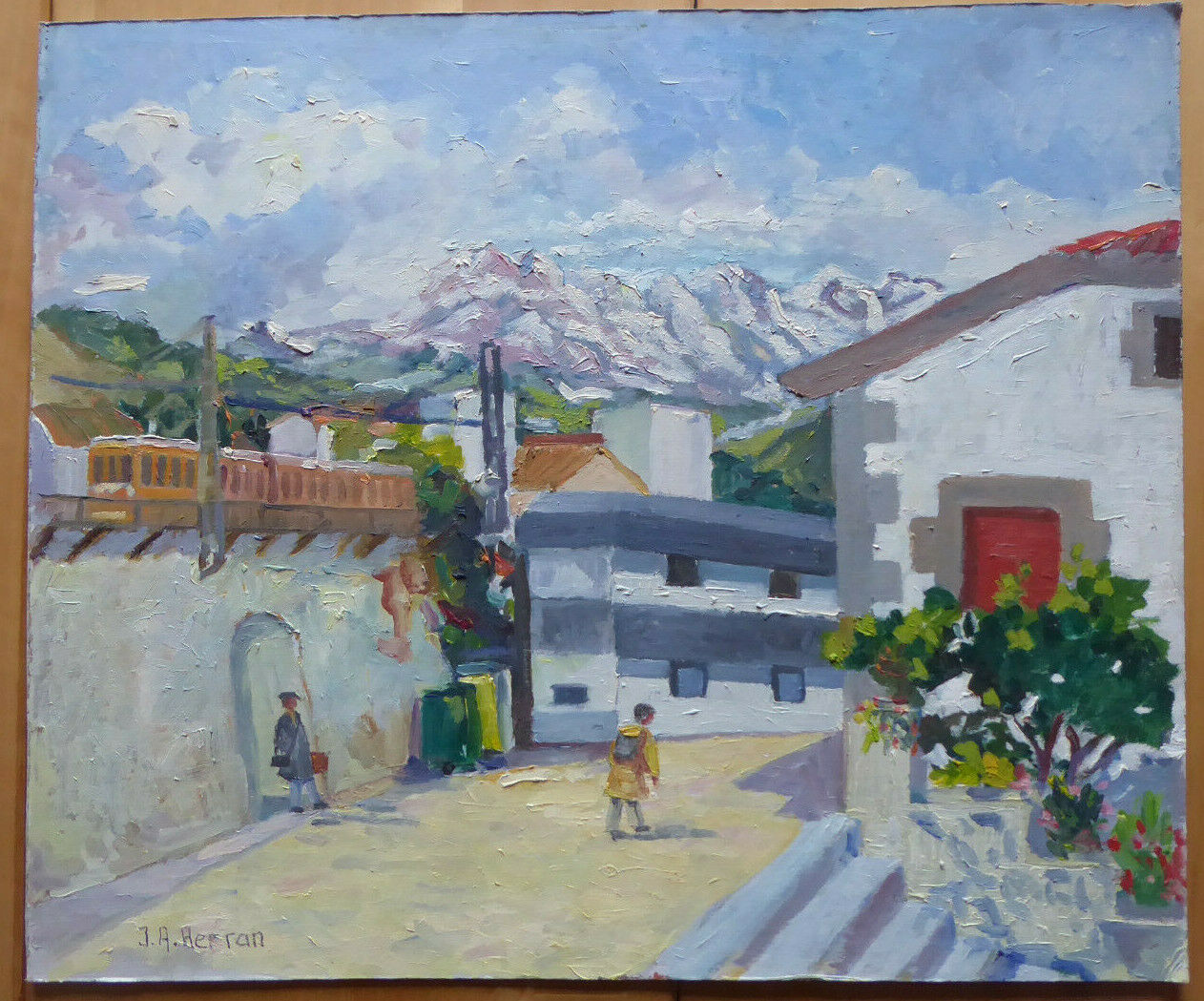 VINTAGE OIL PAINTING VIEW OF TOWN LANDSCAPE Sierra de Guadarrama SPAIN MD3