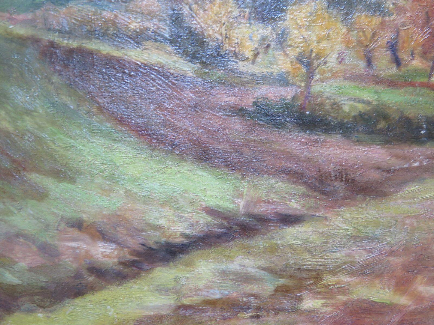 QUADRO ANTICO PAESAGGIO IN STILE IMPRESSIONISTA VEDUTA DI PAESE CAMPAGNA p3 - Belbello Antiques