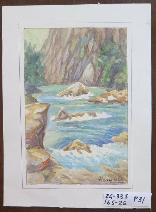 SMALL ANTIQUE PAINTING MOUNTAIN LANDSCAPE IN WATERCOLOR SIGNED VINTAGE P31