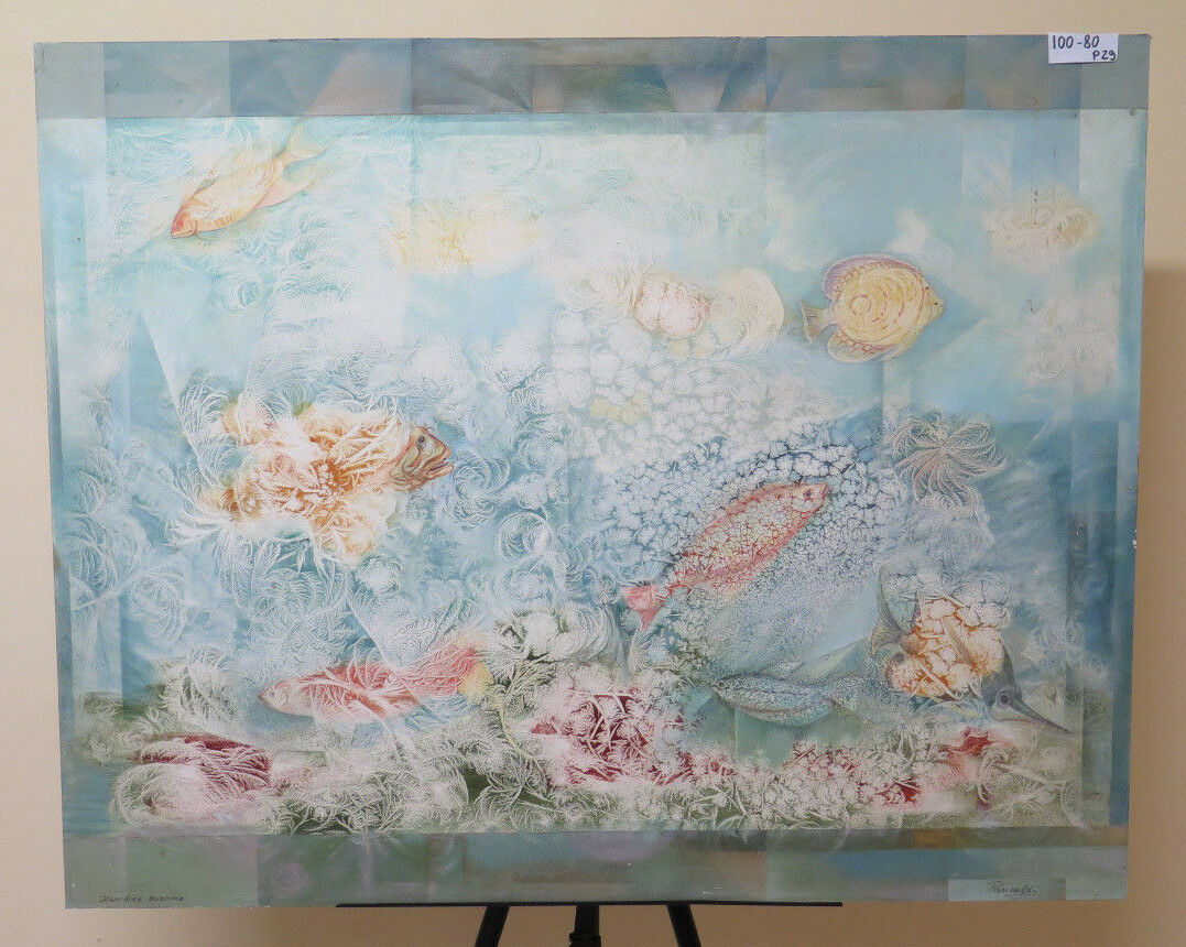 LARGE VINTAGE PAINTING PAINTED WITH THE FROST TECHNIQUE FISH SEA AQUARIUM P29