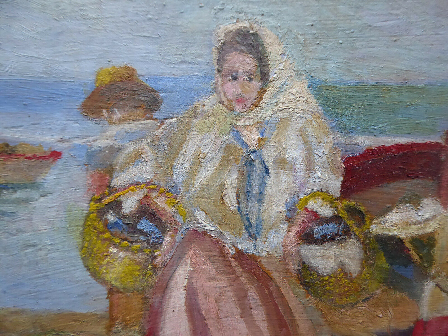 OLD SMALL OIL PAINTING SIGNED WOMAN AT THE FISH MARKET MD1 