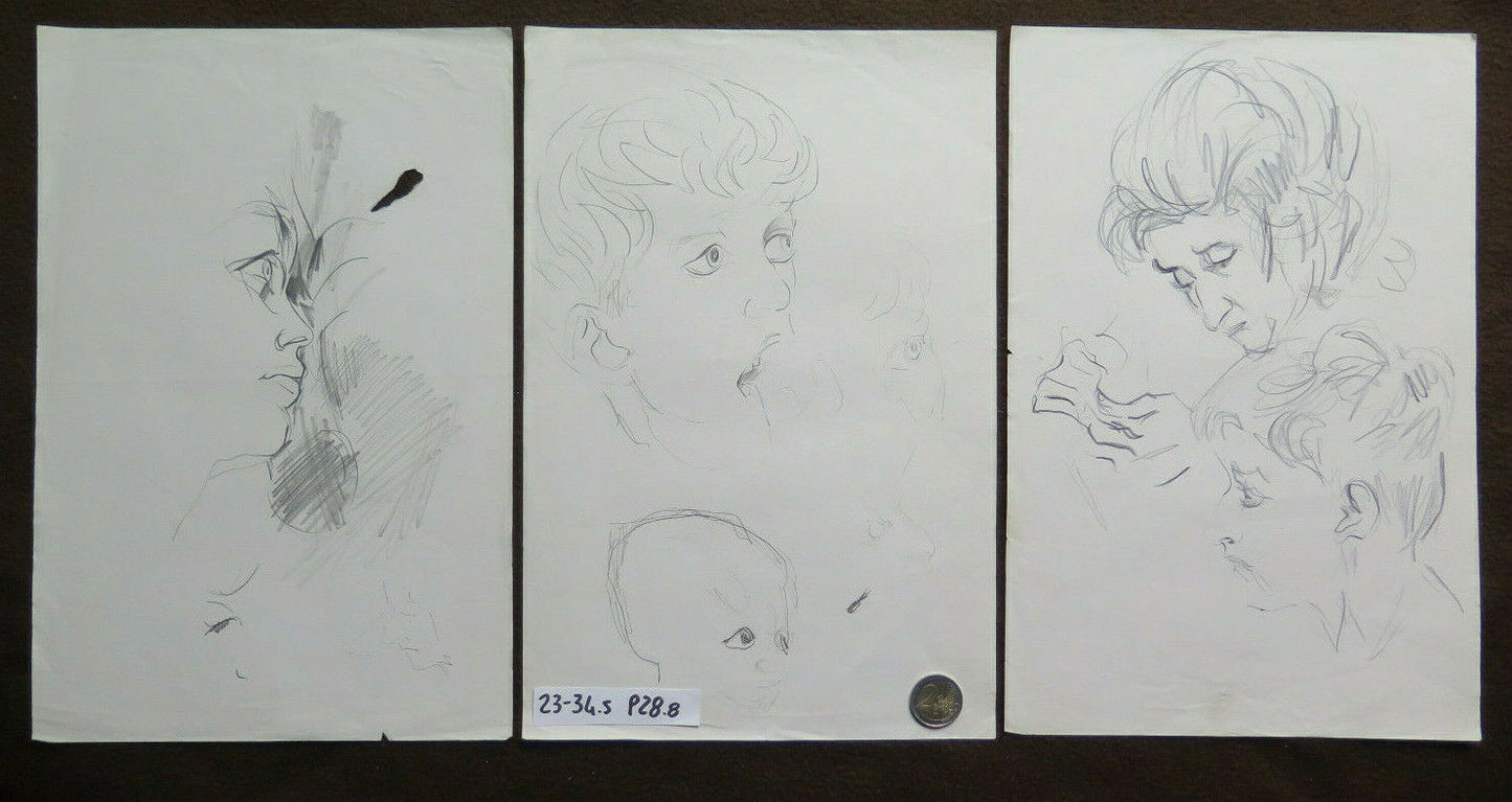 THREE DRAWINGS STUDY PORTRAITS OF HUMAN FACES ON PAPER SKETCH SKETCH ART P28.8