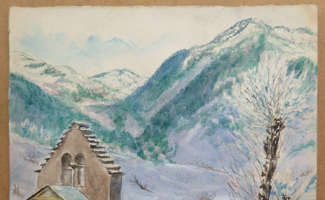 VECCHIO DIPINTO PAESAGGIO DEI PIRENEI NEVICATA QUADRO ACQUERELLO NEVE BM53.2 - Belbello Antiques