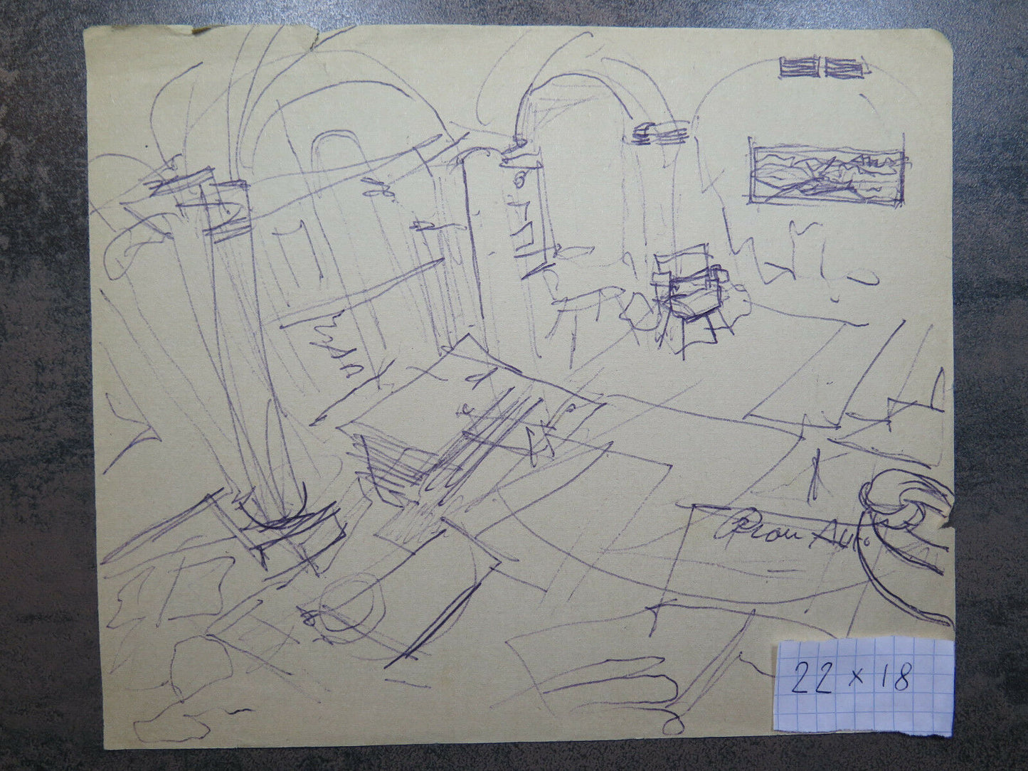 ANCIENT PREPARATORY SKETCH IN PEN ON PAPER HOUSE INTERIOR 1950s P28