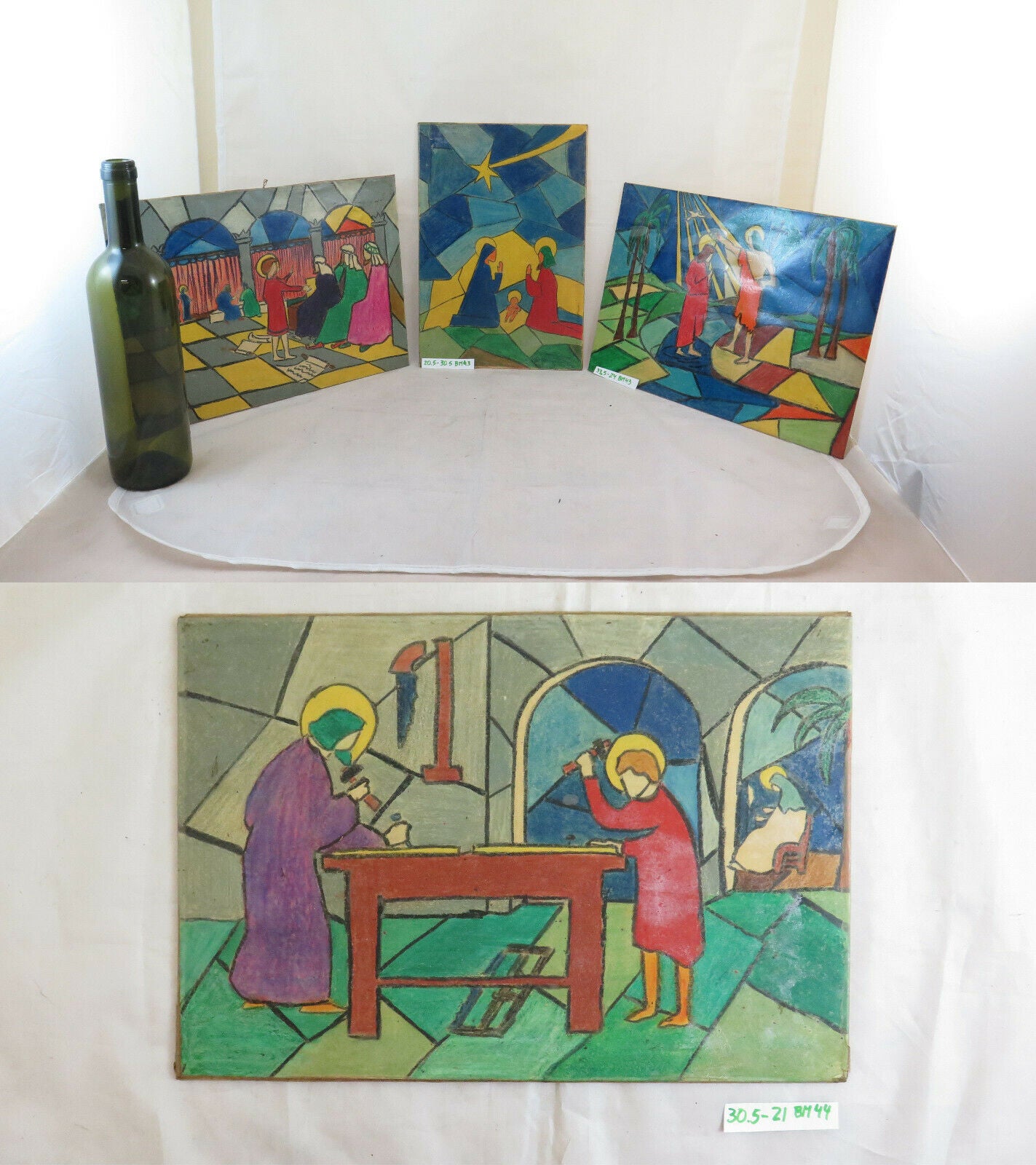 4 VINTAGE CHILDREN'S CHRISTMAS DRAWINGS CHRISTMAS PENCIL NATIVITY SCENE LIFE JESUS ​​BM43 BM44 