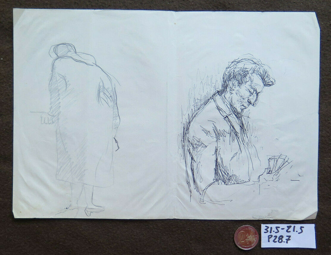 DISEGNO BOZZETTO SU CARTA STUDIO PER FUGURE INTERE PENNA E MATITA VINTAGE P28.7