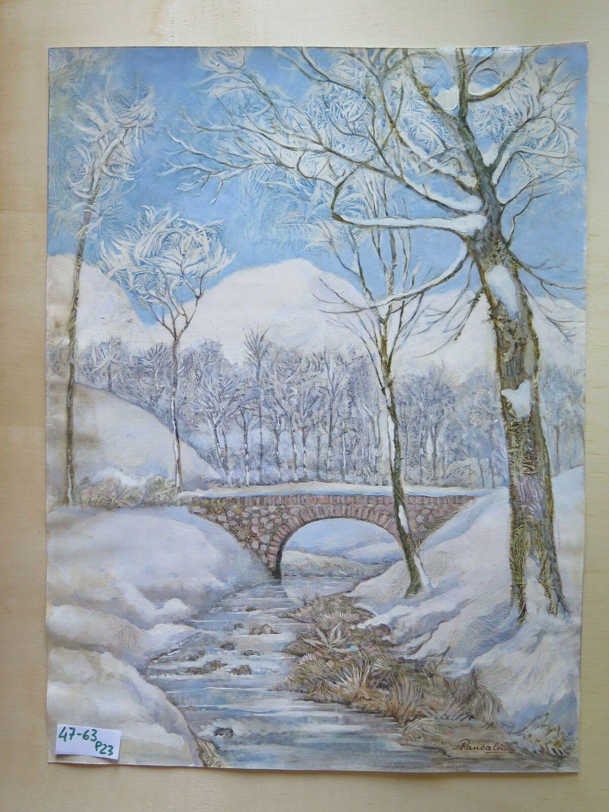 QUADRO VINTAGE OLIO ED ACQUERELLO PAESAGGIO INVERNALE FIRMATO PANCALDI P23 - Belbello Antiques