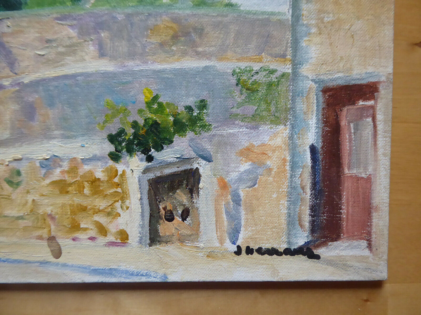 OIL PAINTING ON UNFINISHED PANEL VIEW OF SPANISH COUNTRY WORK PAINTER MD1