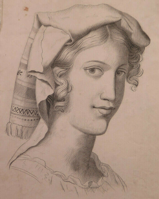 DISEGNO ANTICO RITRATTO FEMMINILE FRANCIA 800 QUADRO ANTICO DONNA GIOVANE BM53.3