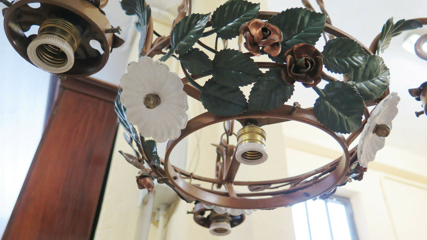 VINTAGE CHANDELIER IN WROUGHT IRON WITH FLOWERS AND LEAVES, VERY FINE HANDMADE GLASS