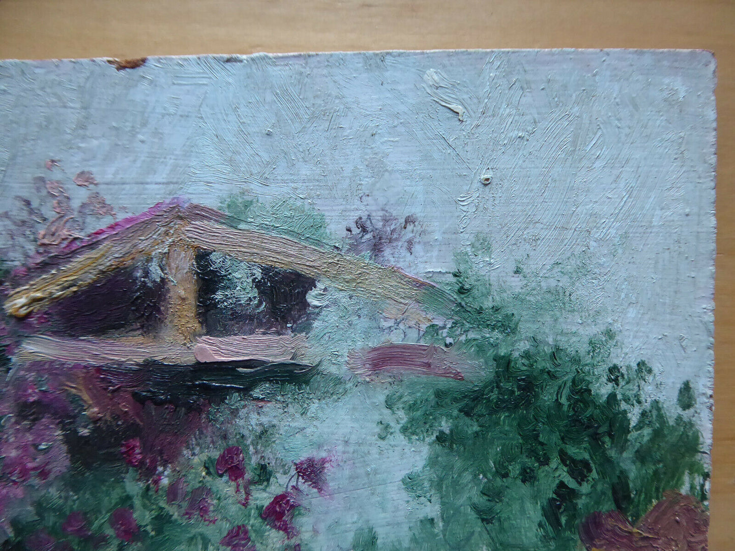 OLD OIL PAINTING ON SMALL PAINTING LANDSCAPE IN FLOWERING VINTAGE MD1 