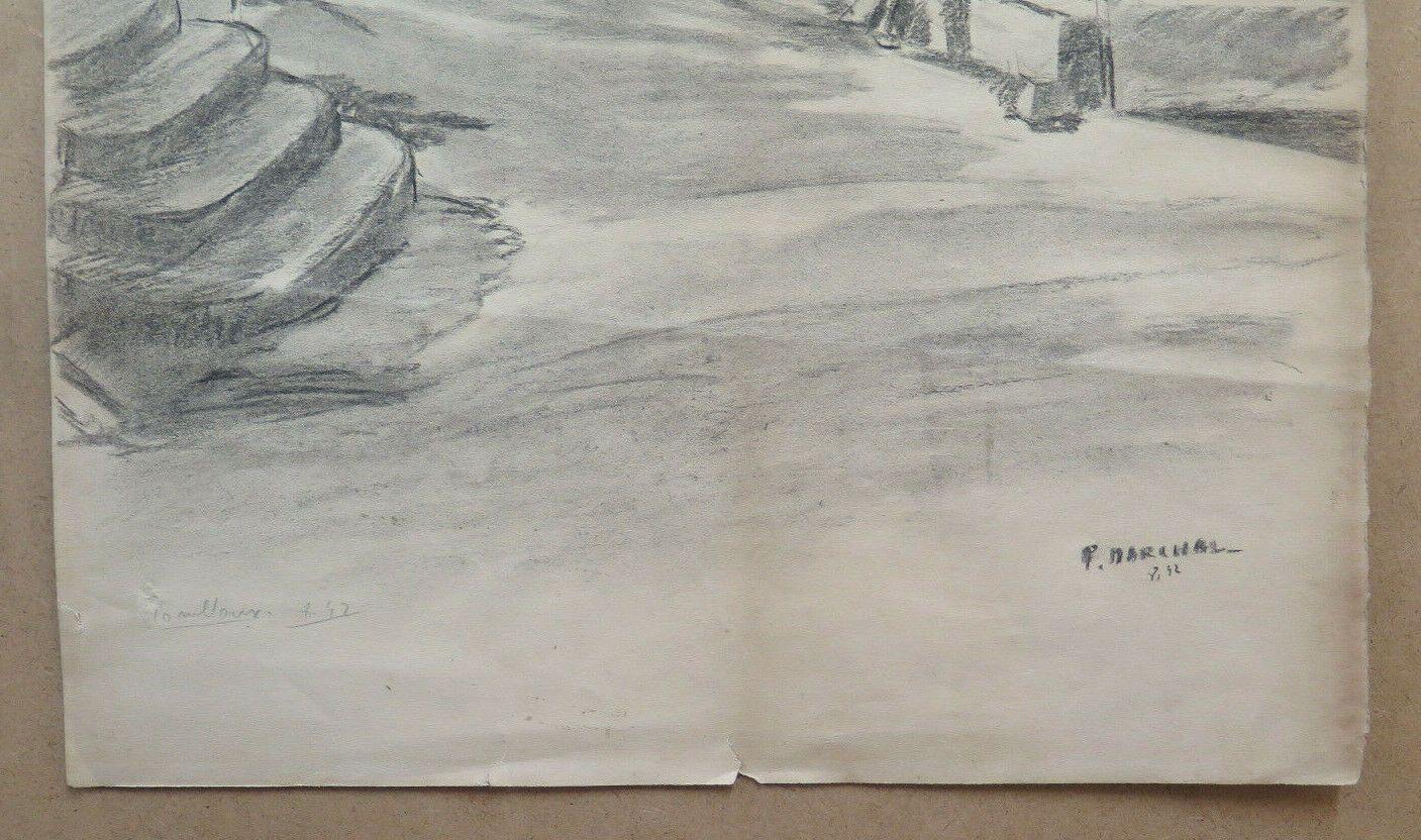 DISEGNO ANTICO MATITA SU CARTA VEDUTA DI PAESE FIRMATO P. MARCHAL FRANCIA BM53.2 - Belbello Antiques