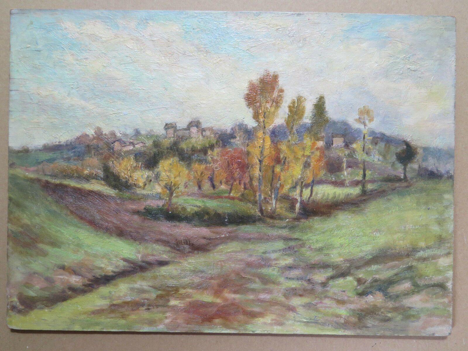 QUADRO ANTICO PAESAGGIO IN STILE IMPRESSIONISTA VEDUTA DI PAESE CAMPAGNA p3 - Belbello Antiques