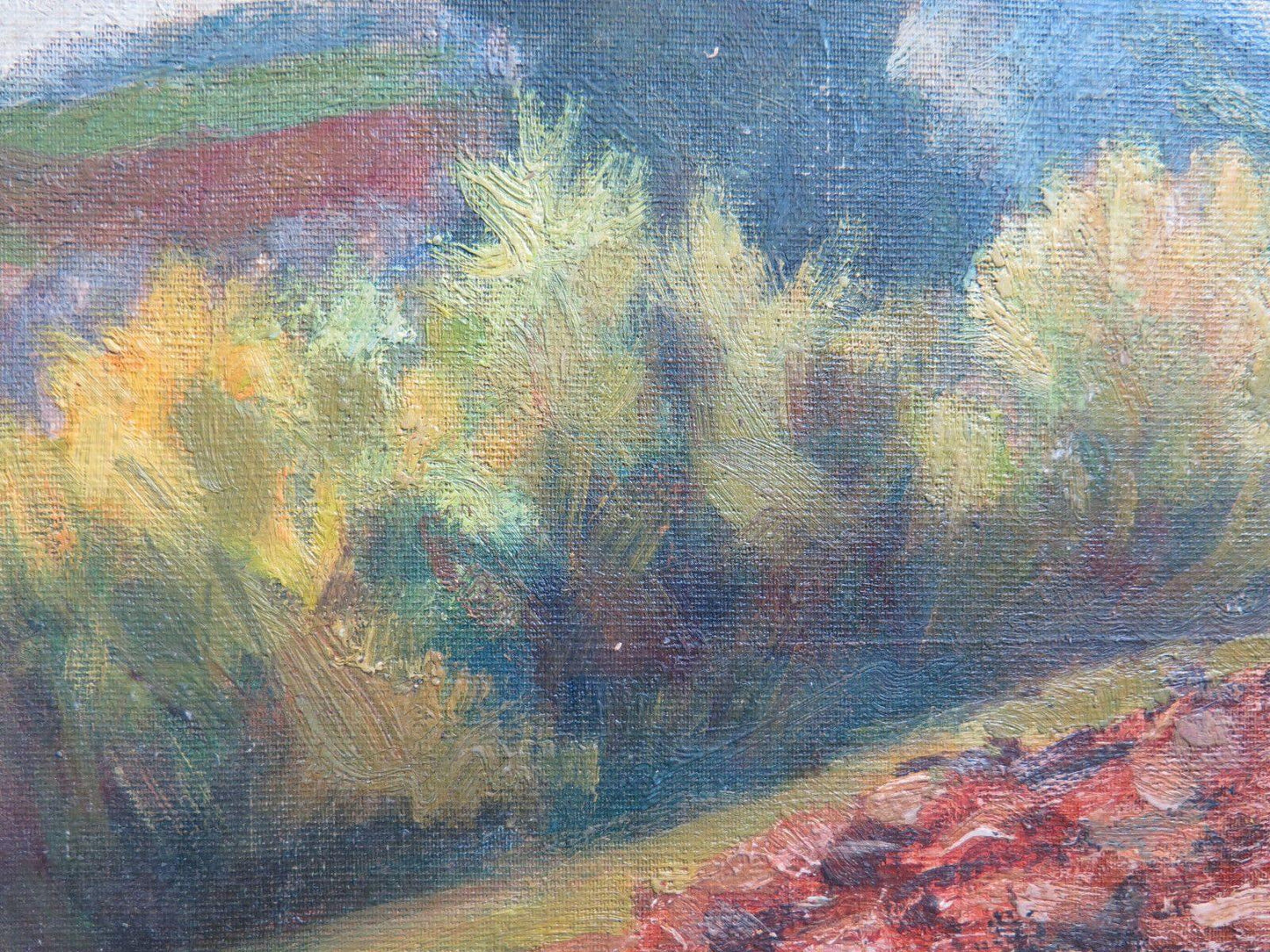 PAESAGGIO DI CAMPAGNA CON CAMPI COLTIVATI QUADRO AD OLIO SU TAVOLA 43x27 cm p9 - Belbello Antiques