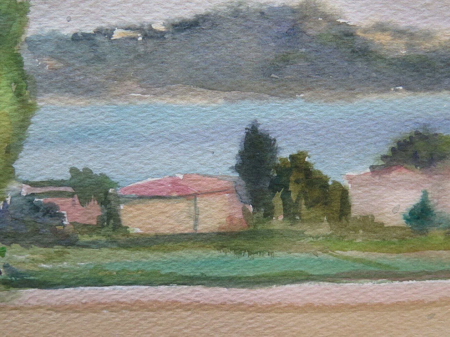 VECCHIO DIPINTO QUADRO PAESAGGIO CAMPAGNA ACQUERELLO SU CARTA 38x29 cm P14