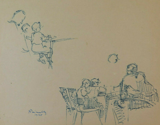 DISEGNO ANTICO BOZZETTO BAMBINI SCUOLA PENNA CARTA FIRMATO REINOLTZ 1935 BM53.2