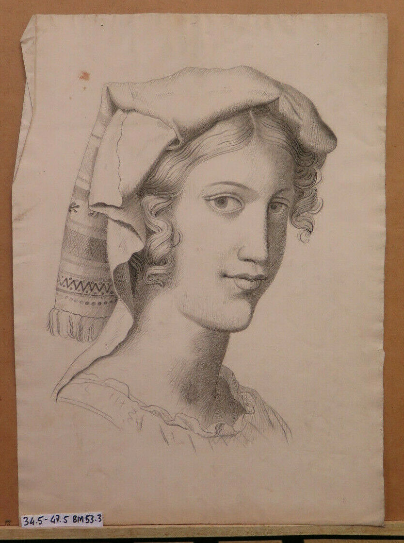 DISEGNO ANTICO RITRATTO FEMMINILE FRANCIA 800 QUADRO ANTICO DONNA GIOVANE BM53.3