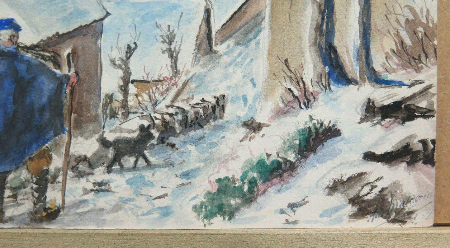 VECCHIO DIPINTO PAESAGGIO DEI PIRENEI NEVICATA QUADRO ACQUERELLO NEVE BM53.2 - Belbello Antiques