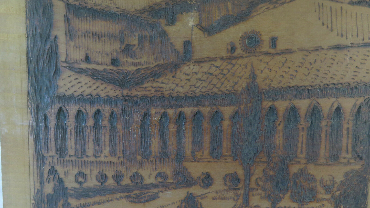 OLD PYROGRAPHY ON WOOD PAINTING ARLES-SUR-TECH ABBEY FRANCE PYRENEES BM38 