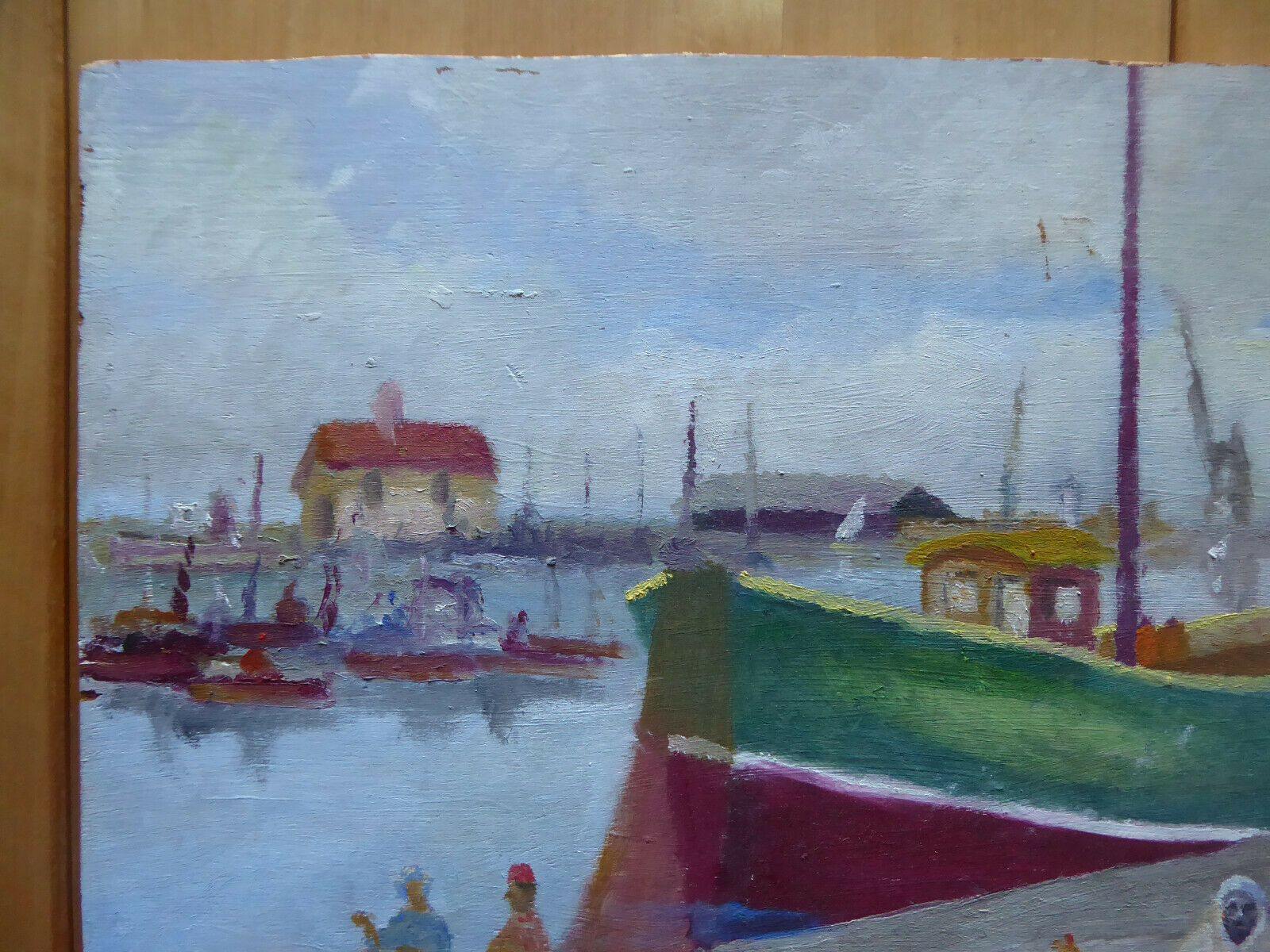 QUADRO AD OLIO MARINA BARCHE ORMEGGIATE AL PORTO VICENTE SEGURA (1930-2015) MD4 - Belbello Antiques