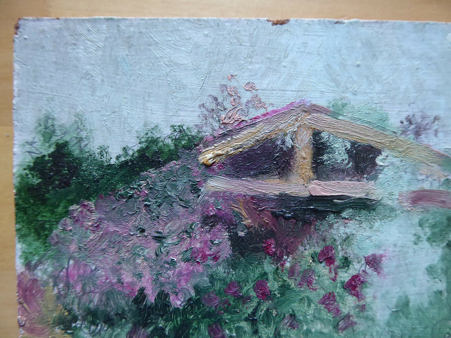 OLD OIL PAINTING ON SMALL PAINTING LANDSCAPE IN FLOWERING VINTAGE MD1 